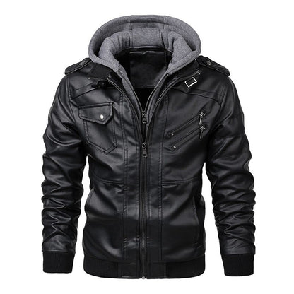 Leder Bikerjacke Herren Kapuze Reißverschluss - IdealeKleiden