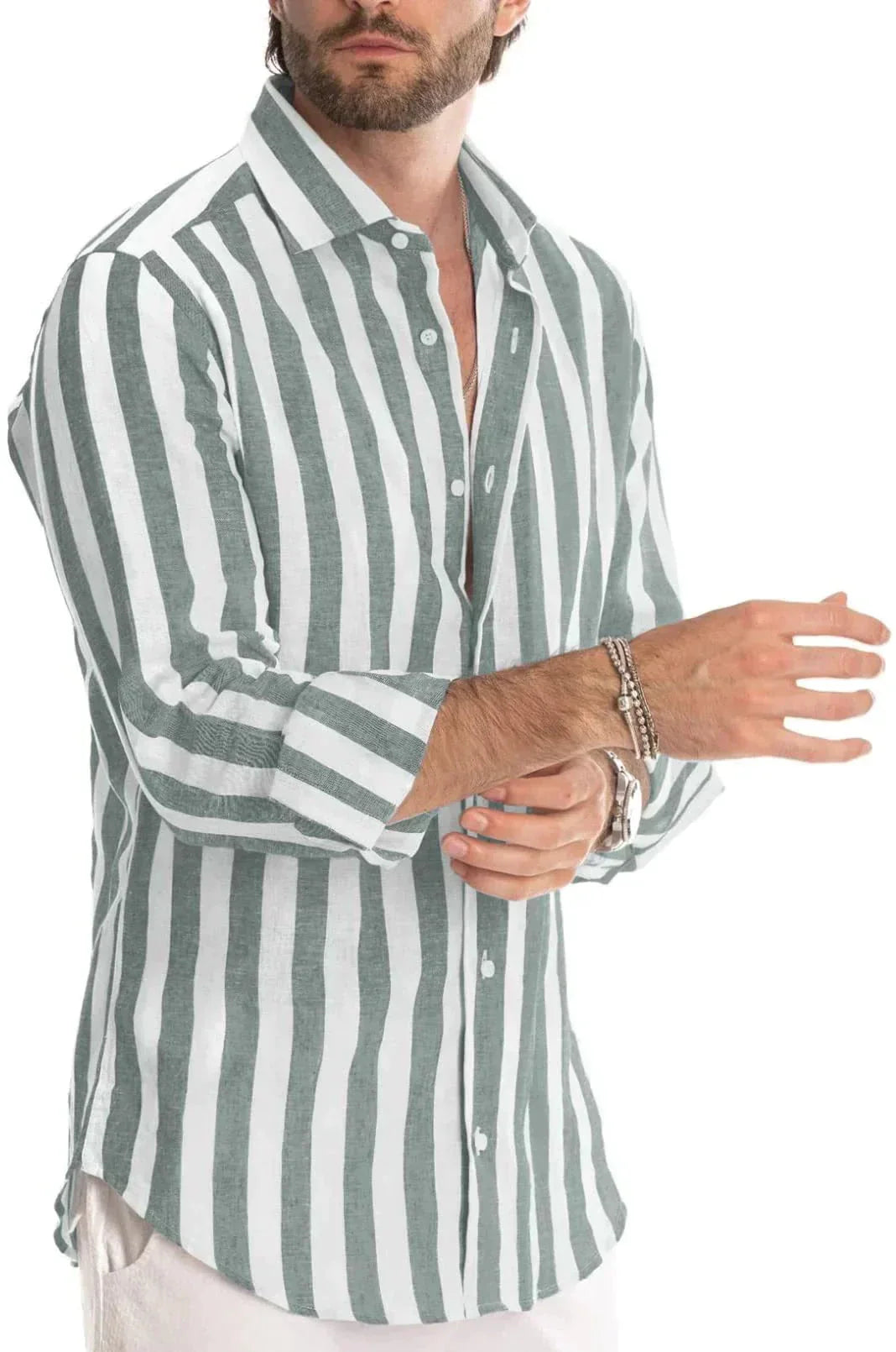 Herren Leinenhemd Streifen Langarm