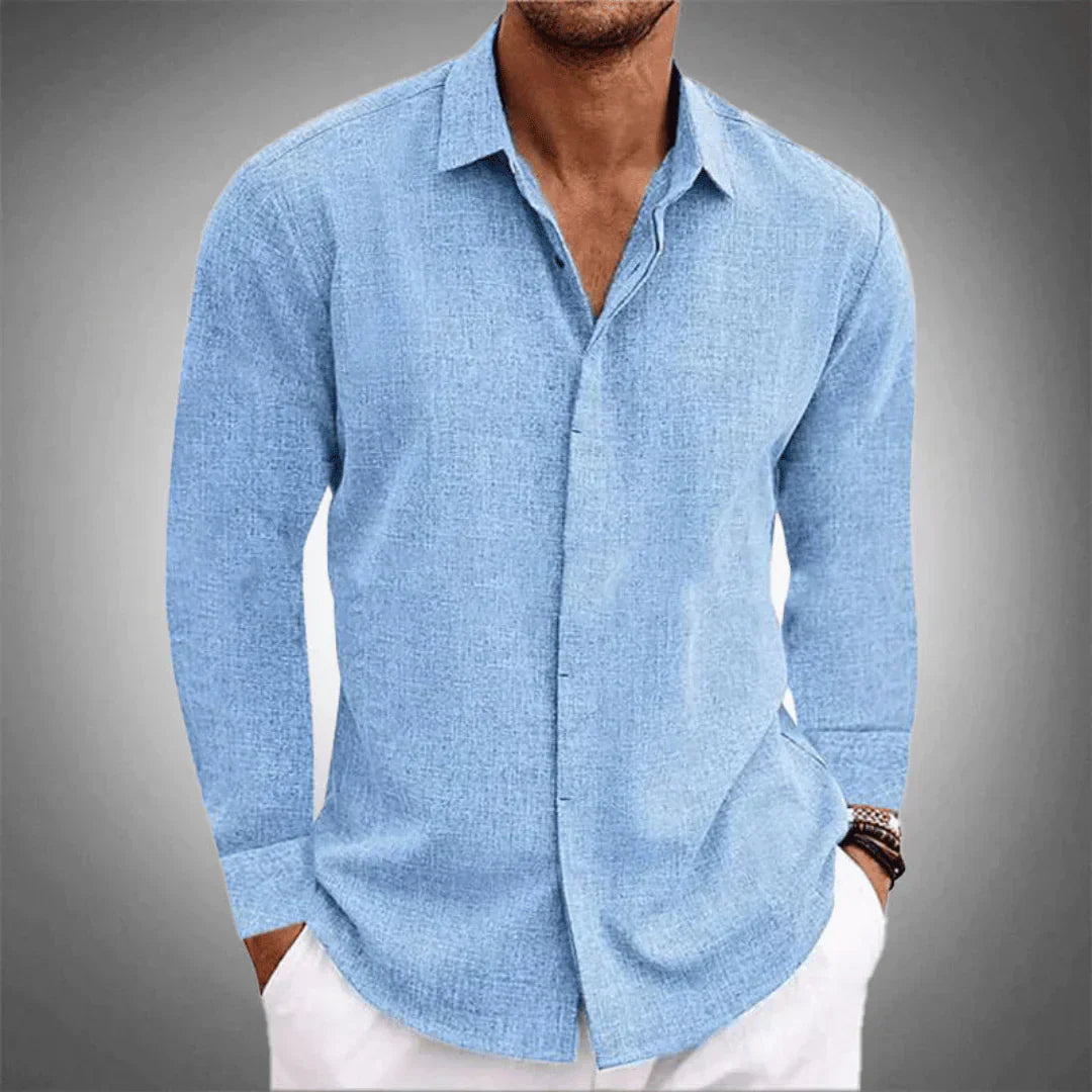 Herren Leinenhemd Langarm Kragen Knöpfe Elegant