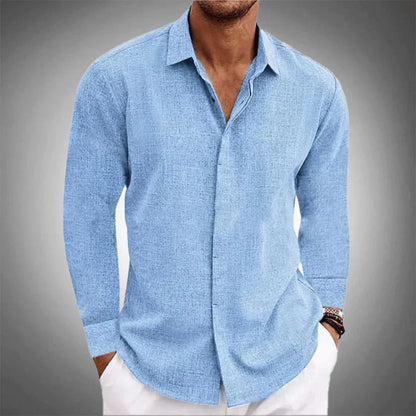 Herren Leinenhemd Langarm Kragen Knöpfe Elegant