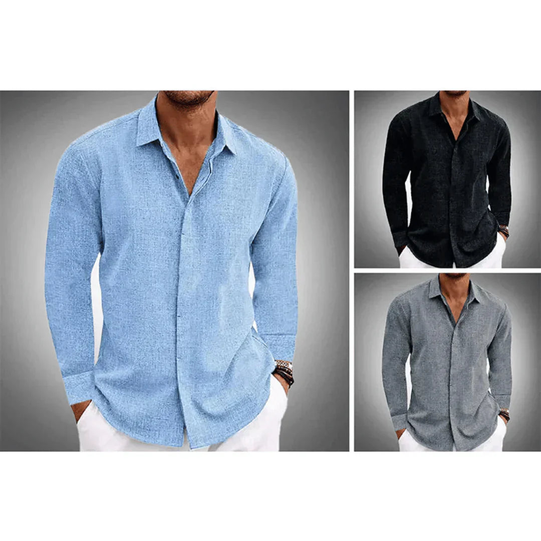 Herren Leinenhemd Langarm Kragen Knöpfe Elegant - IdealeKleiden