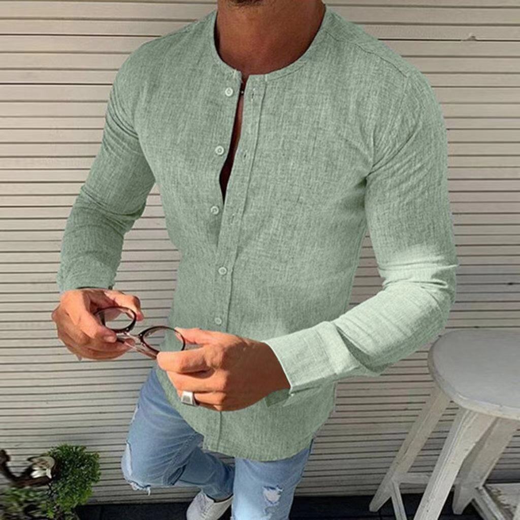 Slim Fit Herren Leinenhemd Langarm Knöpfe