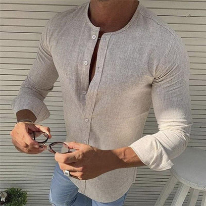 Slim Fit Herren Leinenhemd Langarm Knöpfe