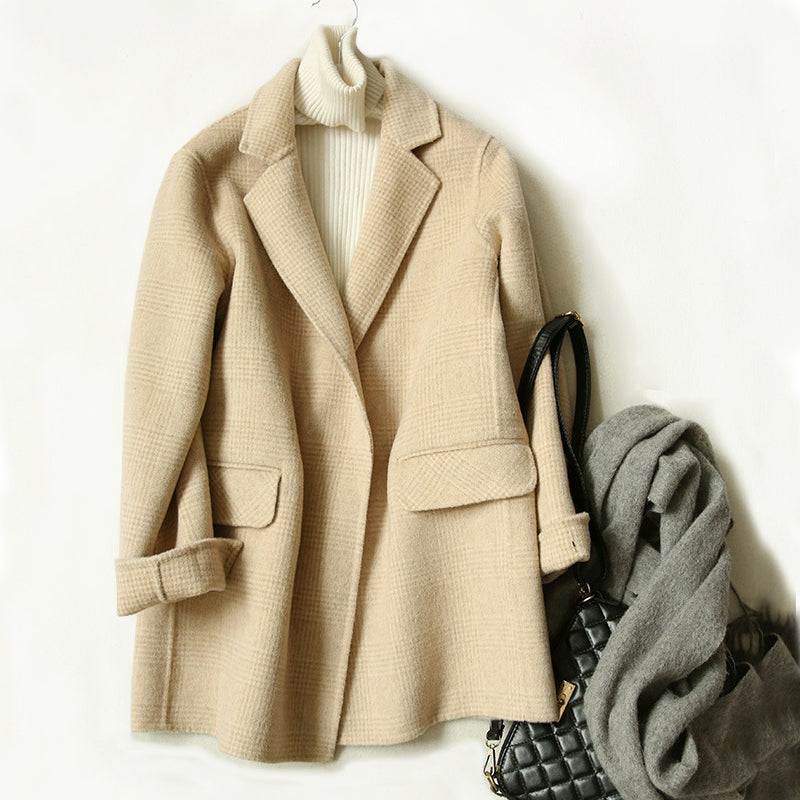 Damen Wolljacke Karo Muster Reverskragen Winter