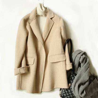 Damen Wolljacke Karo Muster Reverskragen Winter