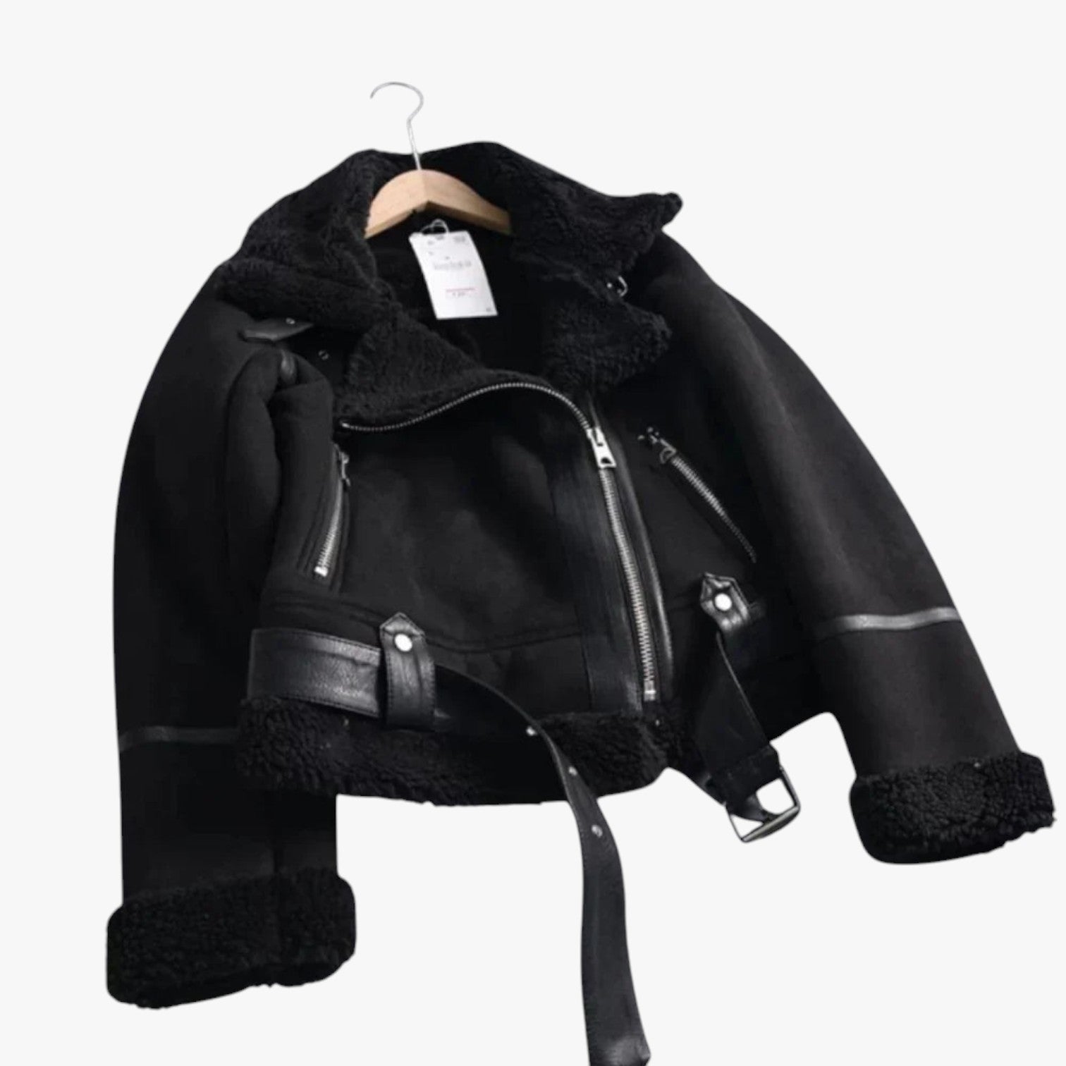 Damen Bikerjacke Warm Teddy Leder Look - IdealeKleiden