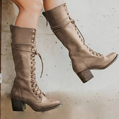 Knielange Stiefel Damen Schnürung Blockabsatz Rundzehen