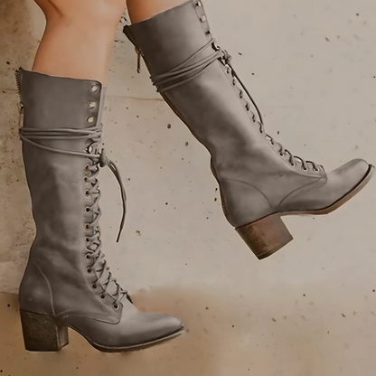 Knielange Stiefel Damen Schnürung Blockabsatz Rundzehen