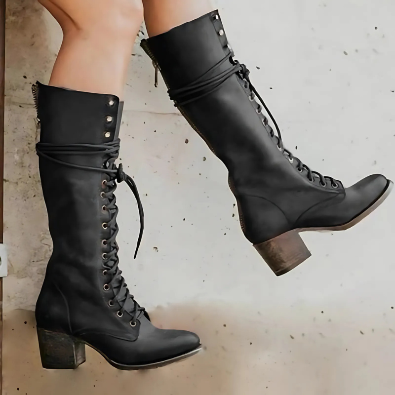 Knielange Stiefel Damen Schnürung Blockabsatz Rundzehen - IdealeKleiden