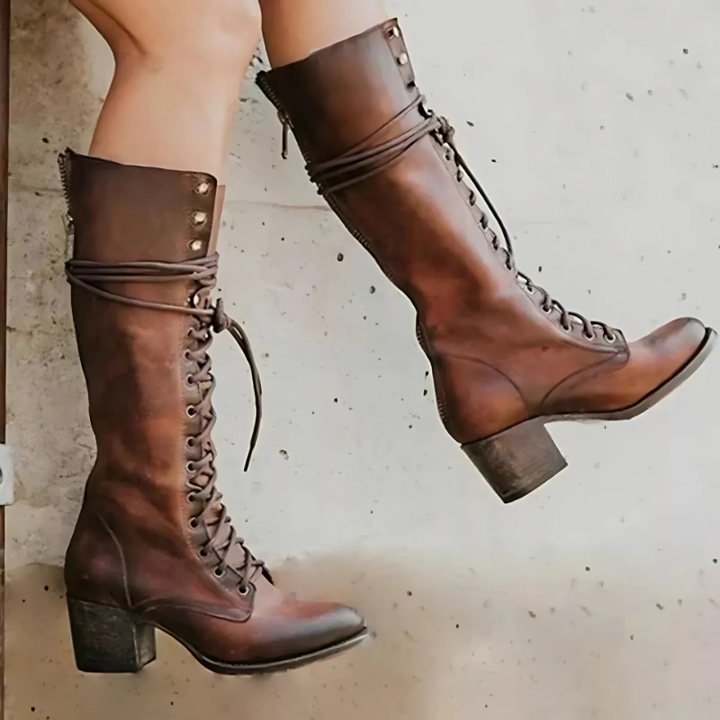 Knielange Stiefel Damen Schnürung Blockabsatz Rundzehen