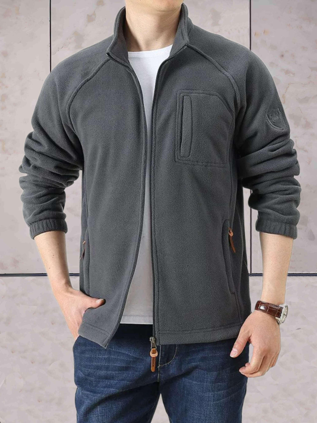 Fleecejacke Stehkragen Zweitönig Reißverschluss