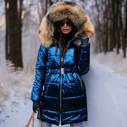 Frauen Winterjacke Warm Kapuze Glanzstoff