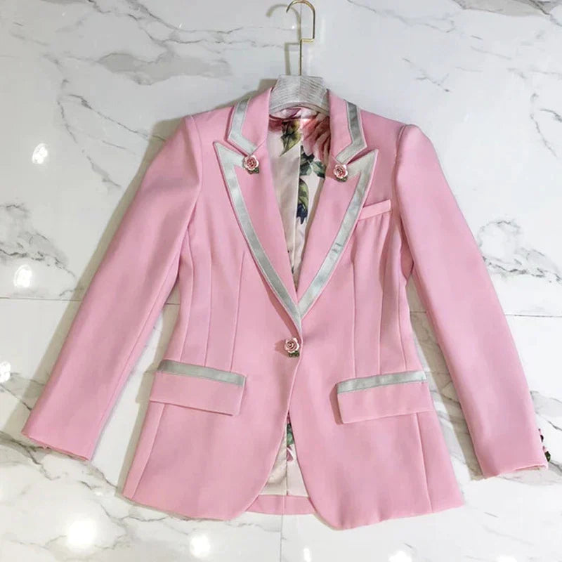 Rosa Blazer Damen Elegant Blumenmuster - IdealeKleiden