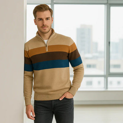 Herren Pullover Streifen Optik Viertelreißverschluss
