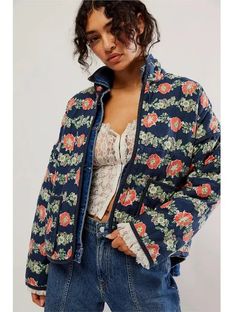 Eleganter Damenmantel Blumenprint Vintage Stil