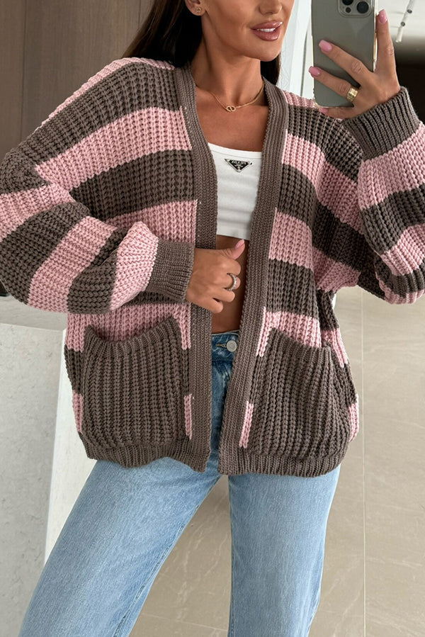 Damen Strickcardigan Streifen Muster Lockere Passform