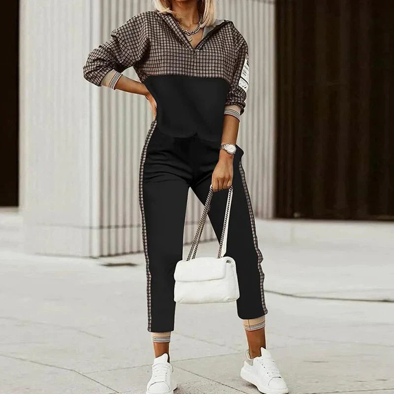 Damen Sportanzug Set Karierter Stil Langarm
