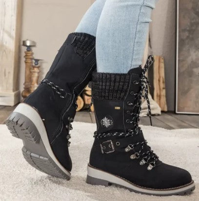Knöchelhohe Strickstiefel Damen Schnürsenkel Reißverschluss