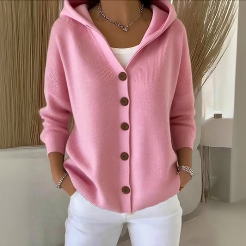 Damen Strickjacke Kapuze Knöpfe - IdealeKleiden