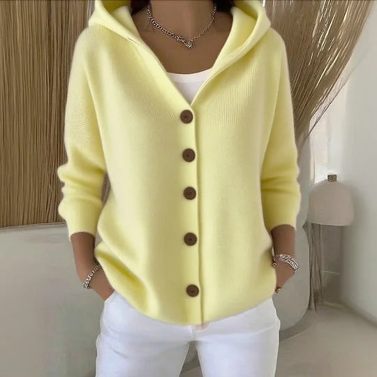 Damen Strickjacke Kapuze Knöpfe