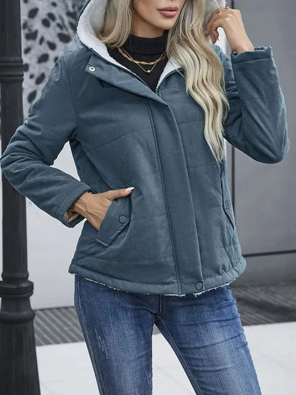 Kurzmantel Damen Warm Fleece Kapuze Reißverschluss