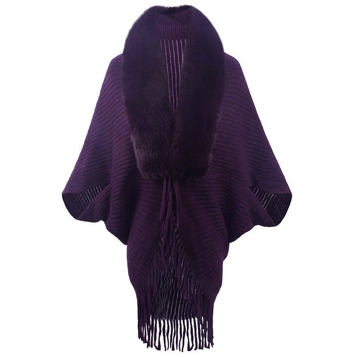 Damen Poncho Luxus Strick mit Kunstfellkragen und Fransen