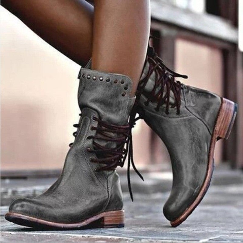 Damen Stiefeletten Chic Schnürung Nieten Design