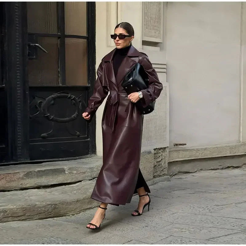 Damen Trenchcoat Elegant Kunstleder Schnitt mit Gürtel