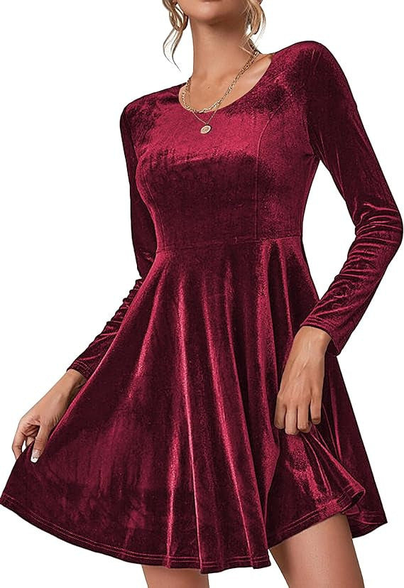 Damen Elegantes A-Linien Kleid Samt Stoff Schwarzes Abendkleid