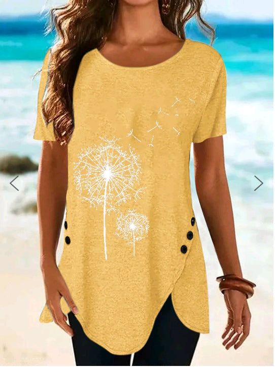 Damen Top Kurzarm Asymmetrisch Dandelion Print