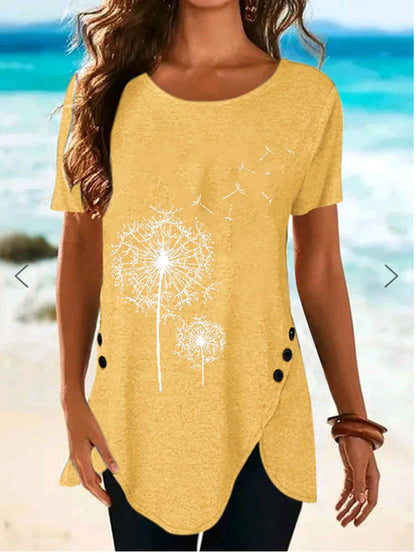 Damen Top Kurzarm Asymmetrisch Dandelion Print