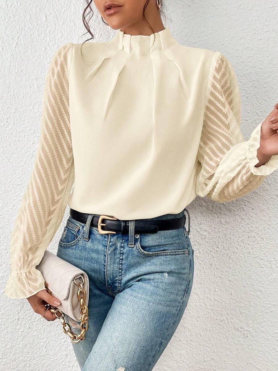 Elegante Bluse Damen Plissierter Kragen Durchsichtige Ärmel