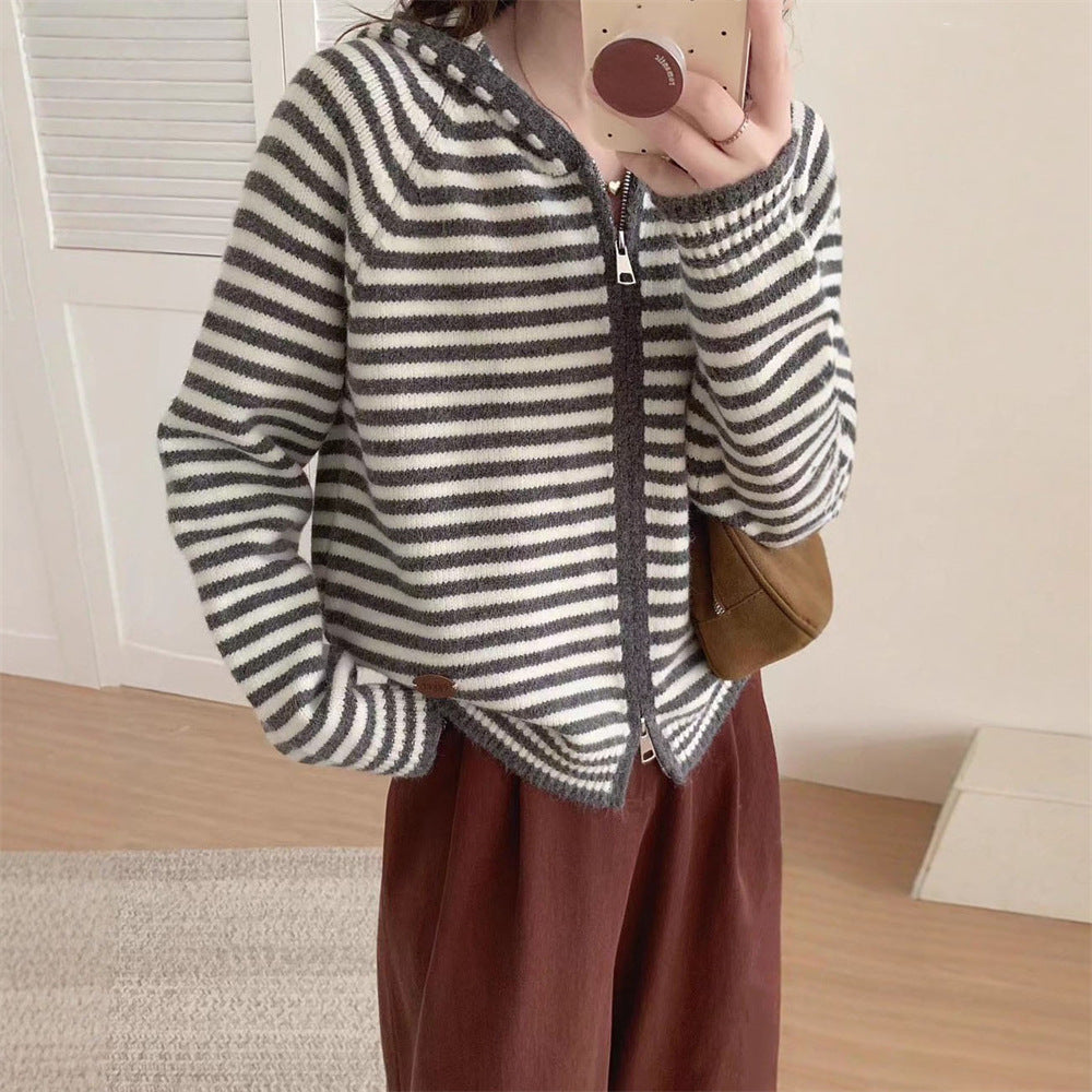 Damen Streifenjacke Kapuzenparka Mit Taschen - IdealeKleiden