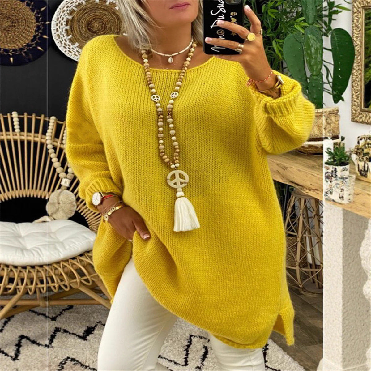 Damen Oversized Pullover Lässig Langarm mit Schlitzen - IdealeKleiden