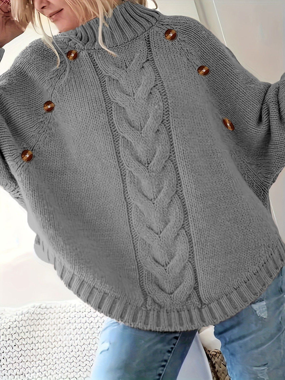 Damen Strickpullover Oversized Hochkragen Elegant