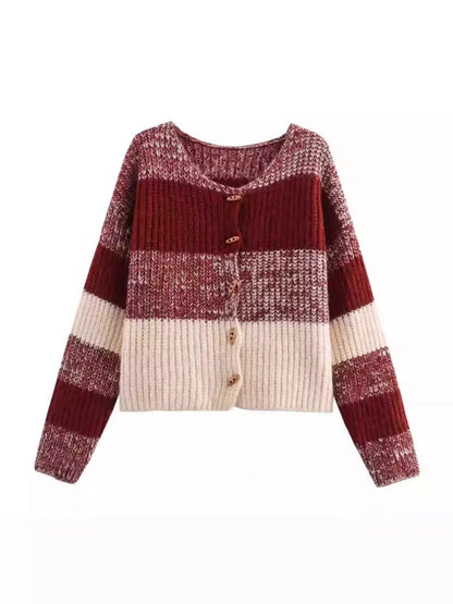 Damen Strickjacke Elastisch Rippmuster Holzknöpfe Elegantes Design
