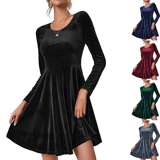 Damen Elegantes A-Linien Kleid Samt Stoff Schwarzes Abendkleid - IdealeKleiden
