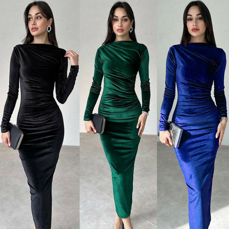 Elegantes Damen Langarmkleid Figurbetonend Raffdesign - IdealeKleiden