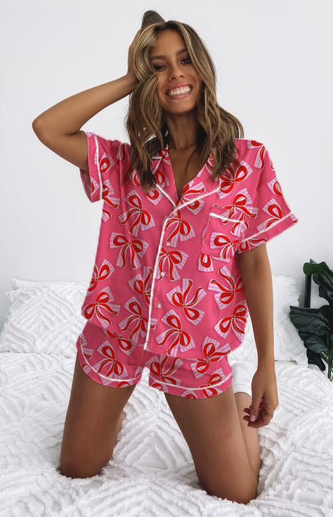 Damen Pyjama Set Kurzarm Schleifenmuster Süß