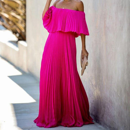Damen Maxikleid Schulterfrei Plissiert Elegant