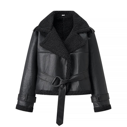 Damen Lederjacke Teddyfutter Elegant Tailliert