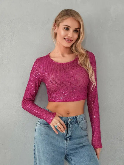 Damen Glitzer Top Langarm mit Pailletten Elegant Abendkleid
