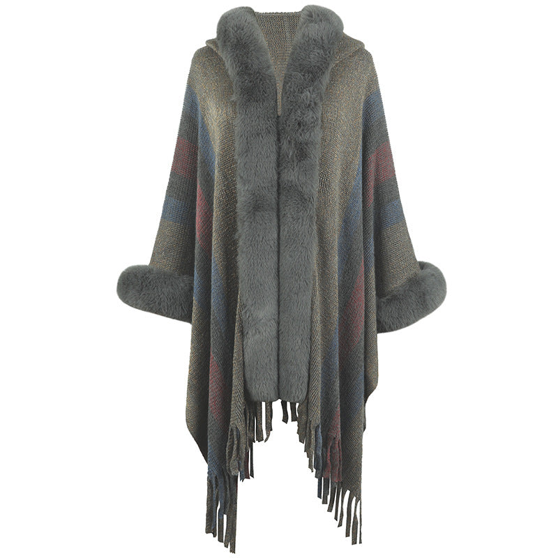 Damen Poncho Lang Luxus Faux-Fell Kragen