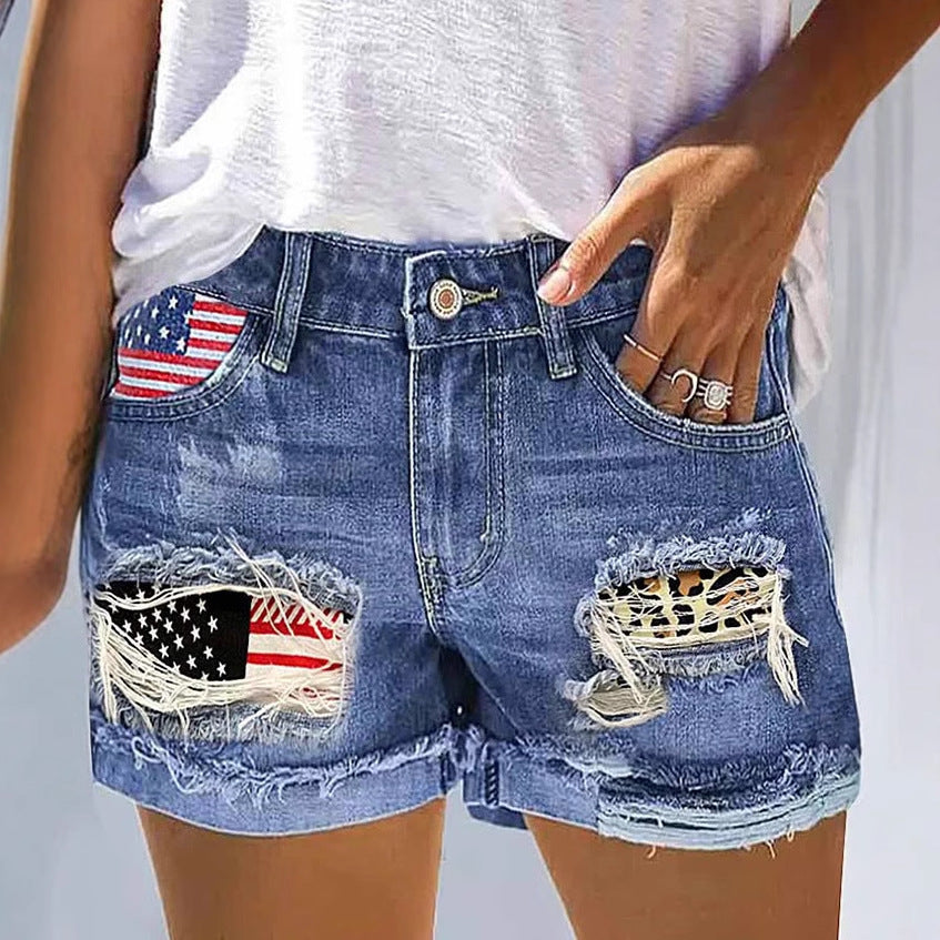 Damen Jeans Shorts Trendy Amerika Print Ripped Effekt - IdealeKleiden