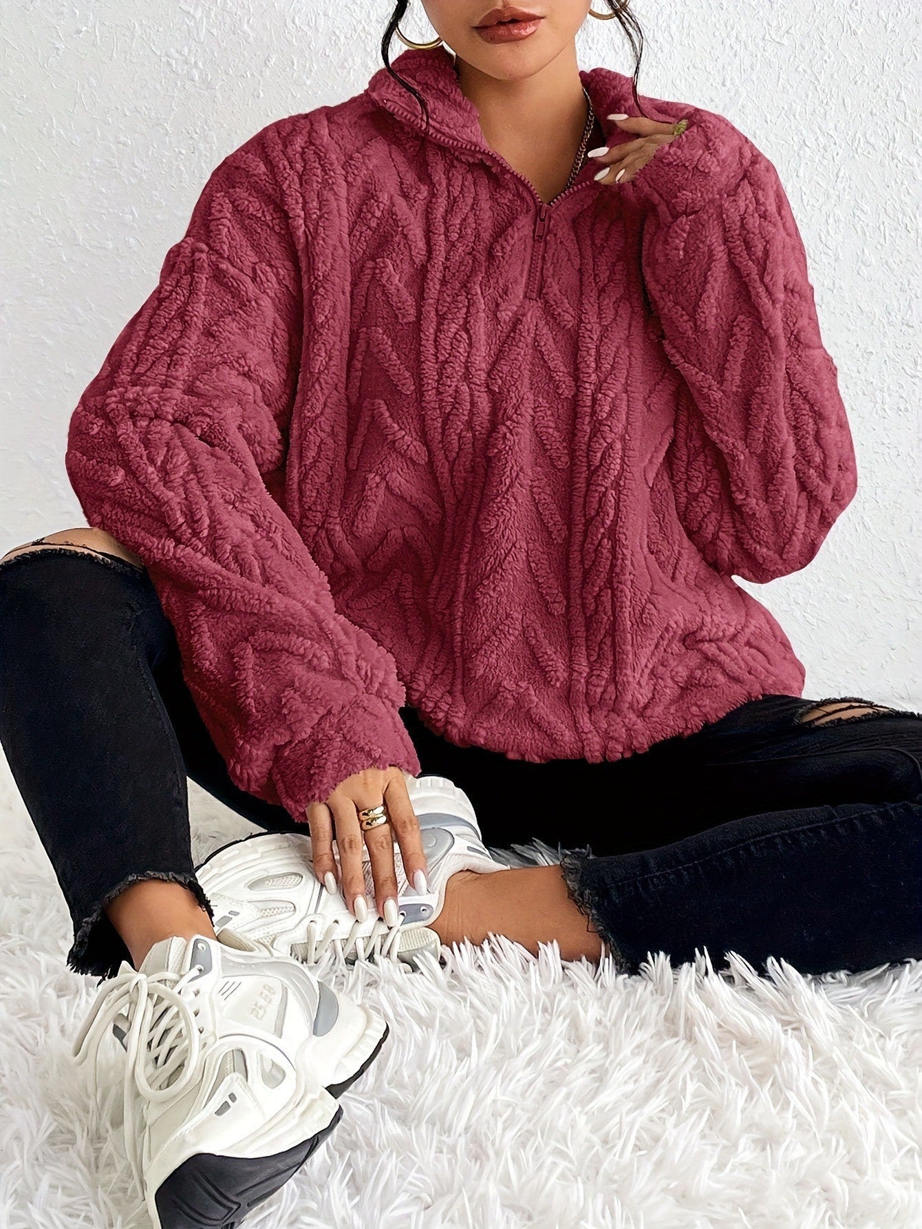 Damen Pullover Weich Fleece Hochkragen Modern