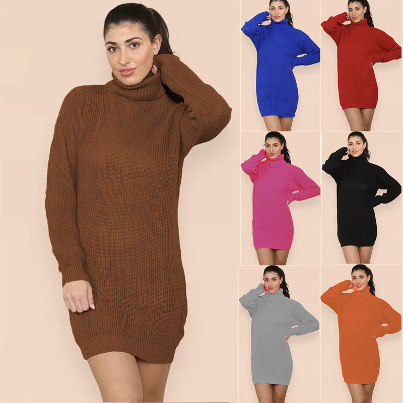 Damen Strickkleid Hochkragen Gestrickt Elegant - IdealeKleiden