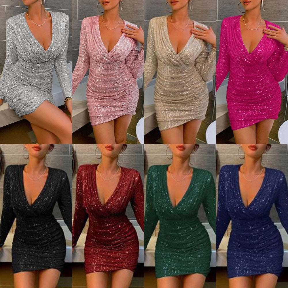 Damen Abendkleid Glitzer Effekt V-Ausschnitt Langärmlig - IdealeKleiden