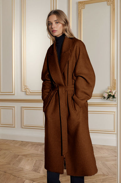 Damen Wollmantel Elegant Weit Ärmel Gürtel