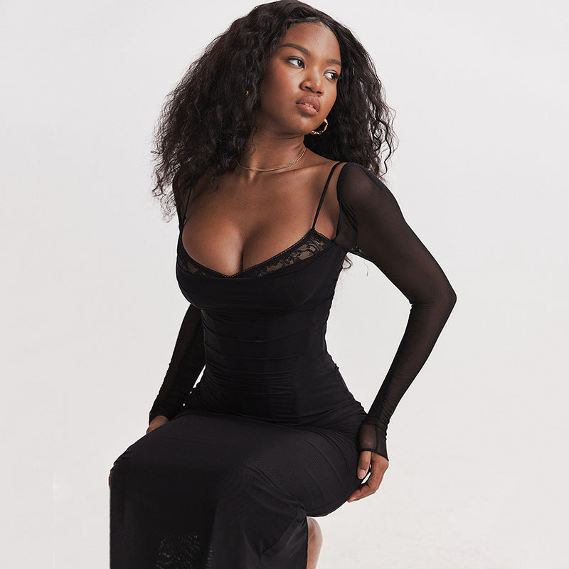 Damen Maxikleid Elegant Durchsichtig Ärmel Rüschen Saum
