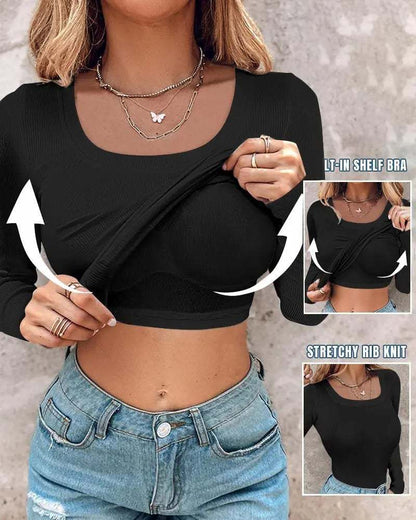 Damen Crop Top Langarm BH Einlage Stretch